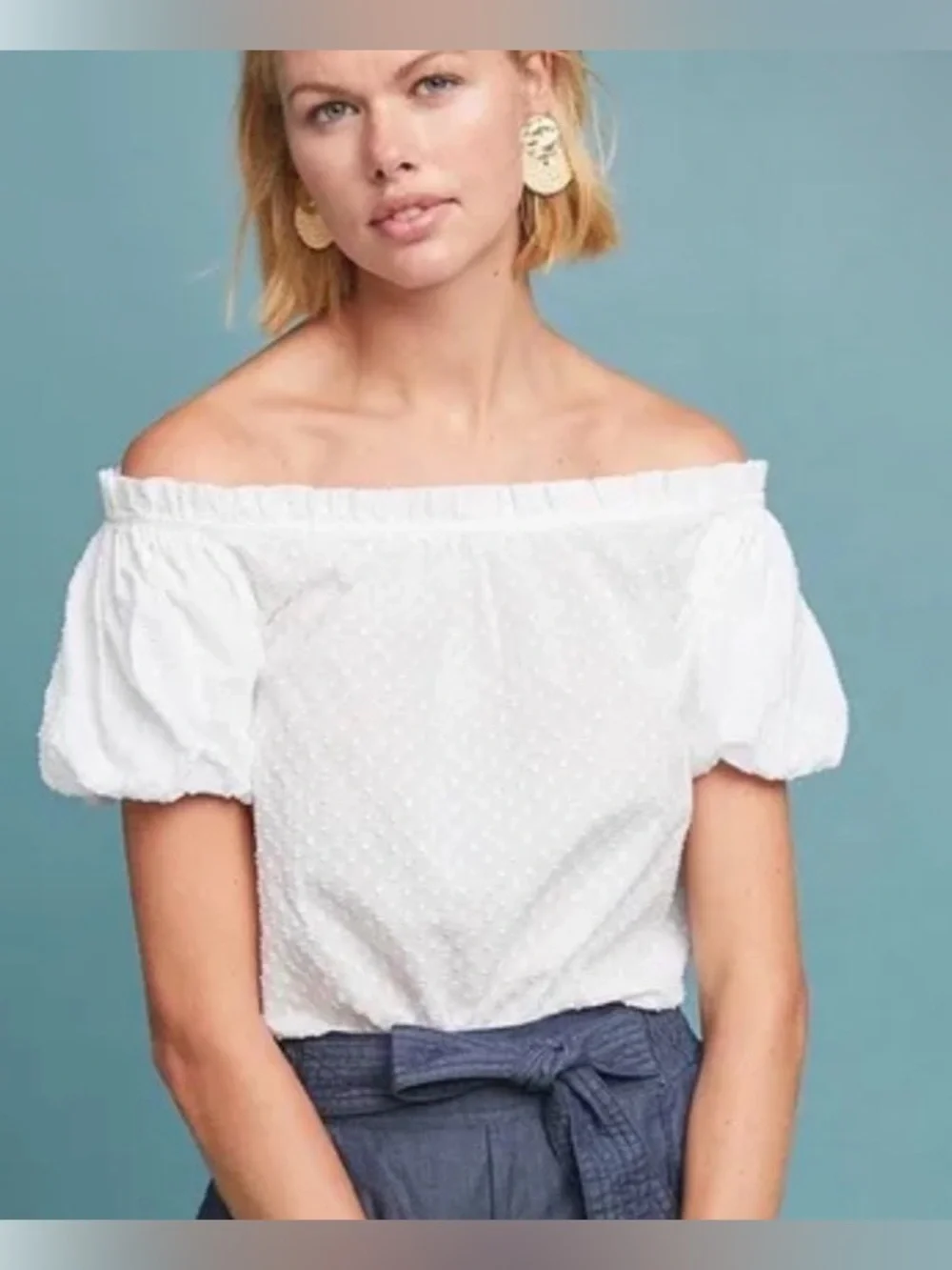 Anthropologie Maeve Sojourner Swiss Dot Off Shoulder White Top Size 12